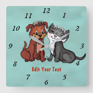 Kitty and Puppy , Edit Your Text Square Wall Clock
