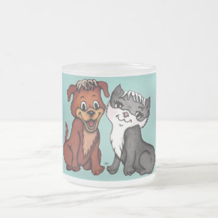 Kitty and Puppy Frosted Glass Coffee Mug