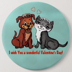 Kitty and Puppy , Happy Valentines Day! 6 Cm Round Badge