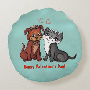 Kitty and Puppy , Happy Valentines Day! Round Cushion