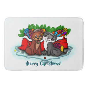 Kitty and Puppy , Happy XMas Bath Mat