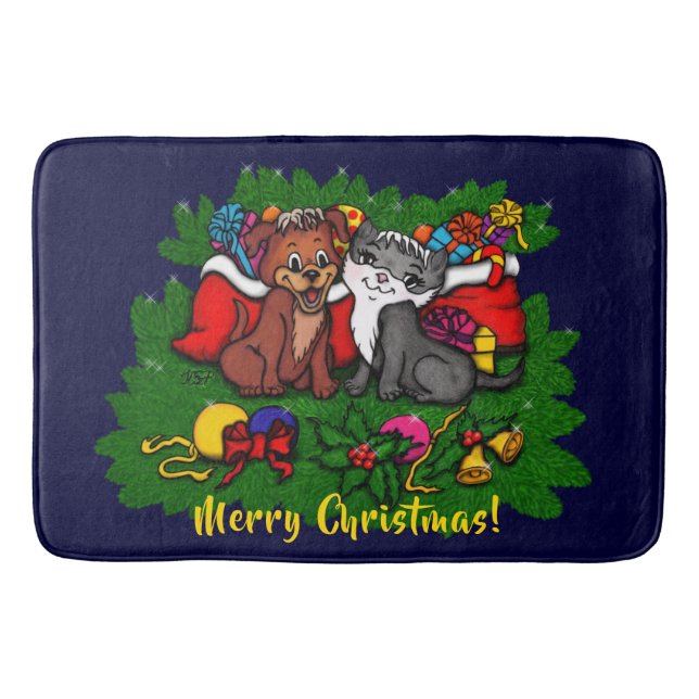 Kitty and Puppy , Happy XMas Bath Mat (Front)