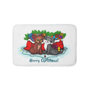 Kitty and Puppy , Happy XMas Bath Mat