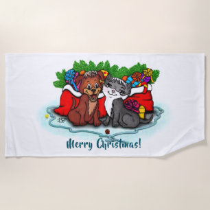 Kitty and Puppy , Happy XMas Beach Towel