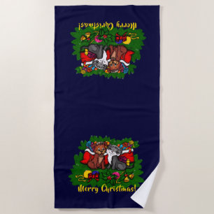 Kitty and Puppy , Happy XMas Beach Towel