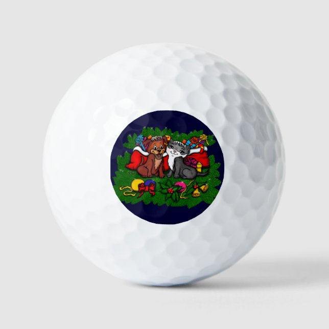 Kitty and Puppy , Happy XMas Golf Balls (Front)