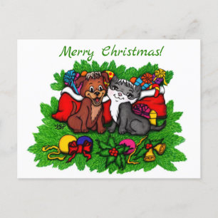 Kitty and Puppy , Happy XMas Holiday Postcard
