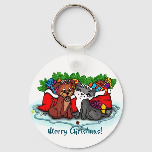 Kitty and Puppy , Happy XMas Key Ring (Front)