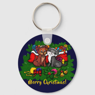 Kitty and Puppy , Happy XMas Key Ring