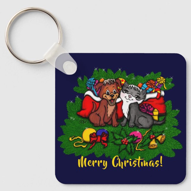Kitty and Puppy , Happy XMas Key Ring (Front)
