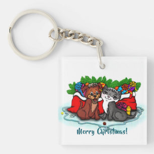 Kitty and Puppy , Happy XMas Key Ring