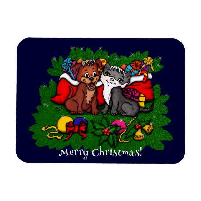 Kitty and Puppy , Happy XMas Magnet (Horizontal)