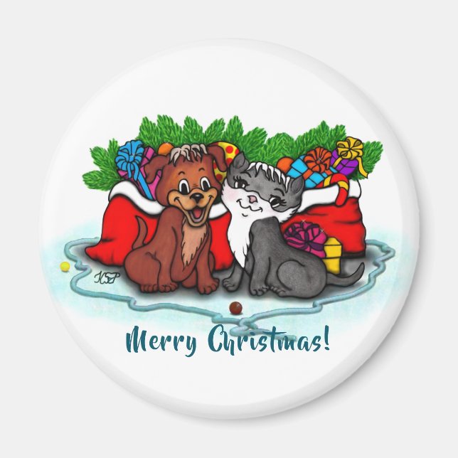 Kitty and Puppy , Happy XMas Magnet (Front)