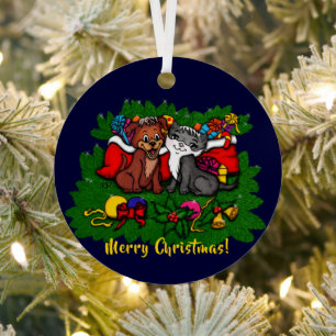 Kitty and Puppy , Happy XMas Metal Tree Decoration
