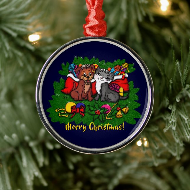 Kitty and Puppy , Happy XMas Metal Tree Decoration (Tree)