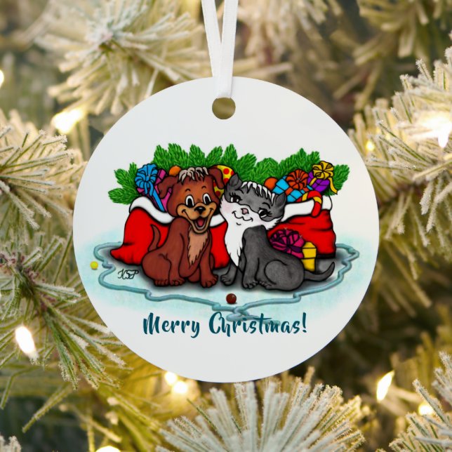 Kitty and Puppy , Happy XMas Metal Tree Decoration (Insitu)