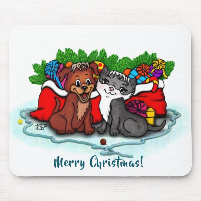 Kitty and Puppy , Happy XMas Mouse Mat (Front)