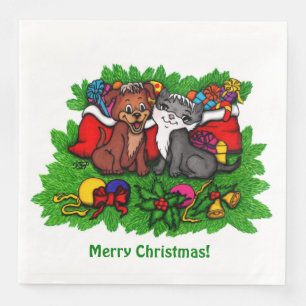 Kitty and Puppy , Happy XMas Napkin