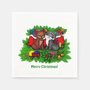 Kitty and Puppy , Happy XMas Napkin
