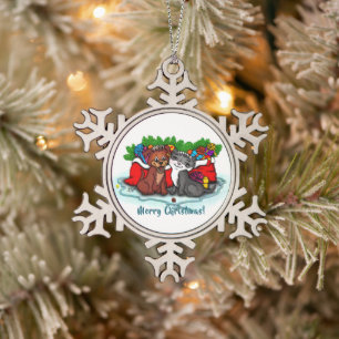 Kitty and Puppy , Happy XMas Snowflake Pewter Christmas Ornament