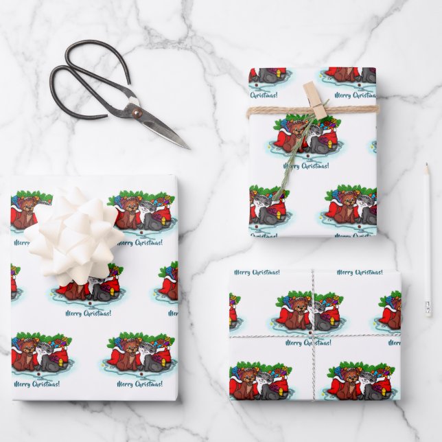 Kitty and Puppy , Happy XMas Wrapping Paper Sheet (Front)