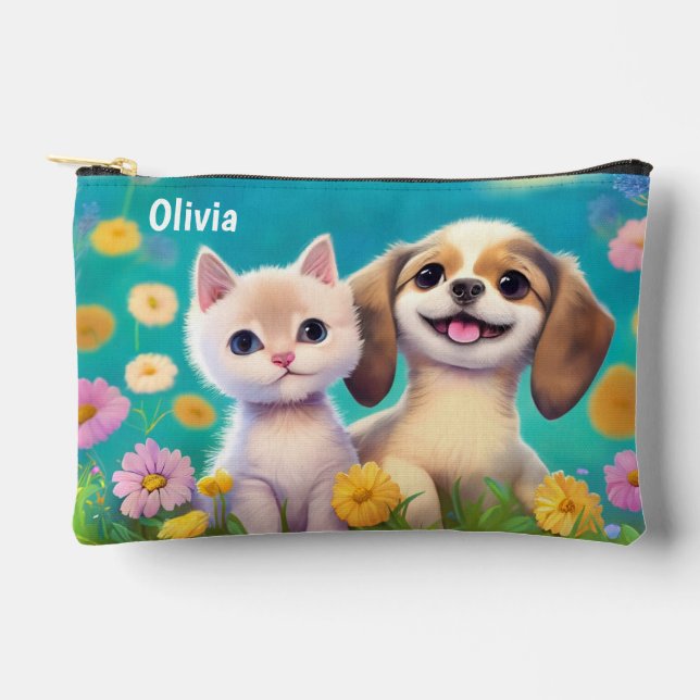 Kitty and Puppy Personalised Kids Name Accessory Pouch (Front)