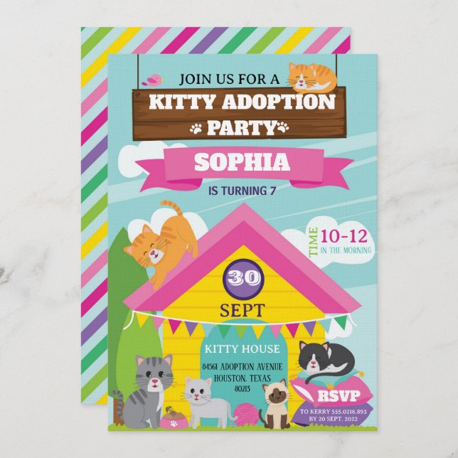 Kitty Birthday Invitation / Girl Kitten Party (Front/Back)