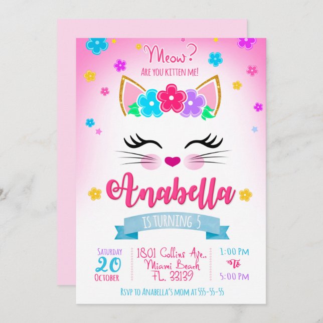 Kitty birthday invitation, Kitten party Invitation (Front/Back)