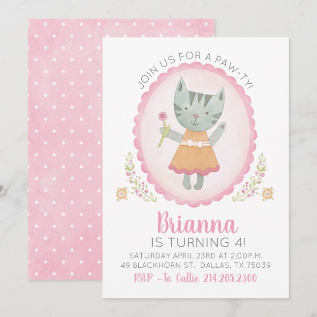 Kitty Birthday Party Invitation (Front/Back)