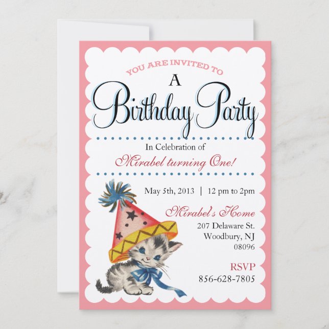Kitty Birthday Party | Retro Birthday Invitations (Front)