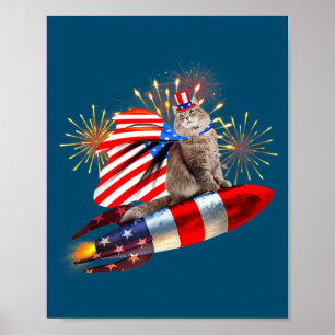 Kitty Cat 4th Of July Rocket With Fireworks USA Poster