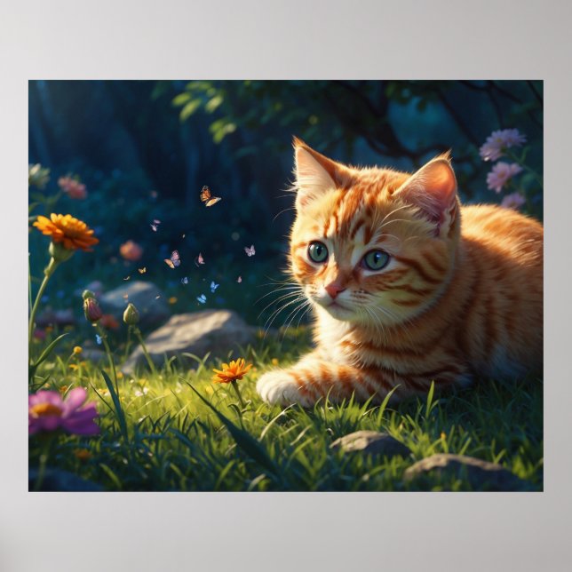 *~*  Kitty Cat 5:4 Feline Kitten Reaching Flower Poster (Front)