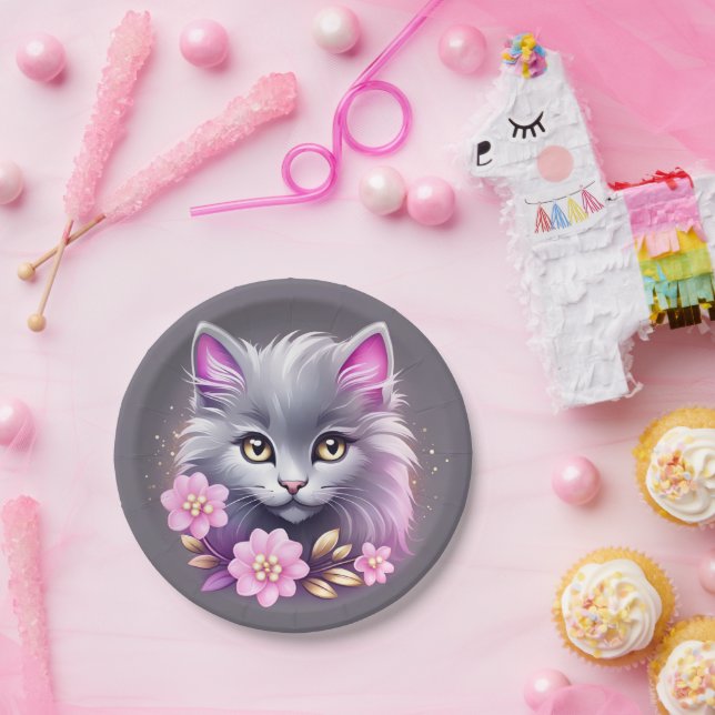 Kitty Cat and Pretty Pink Flowers Paper Plate (Party)