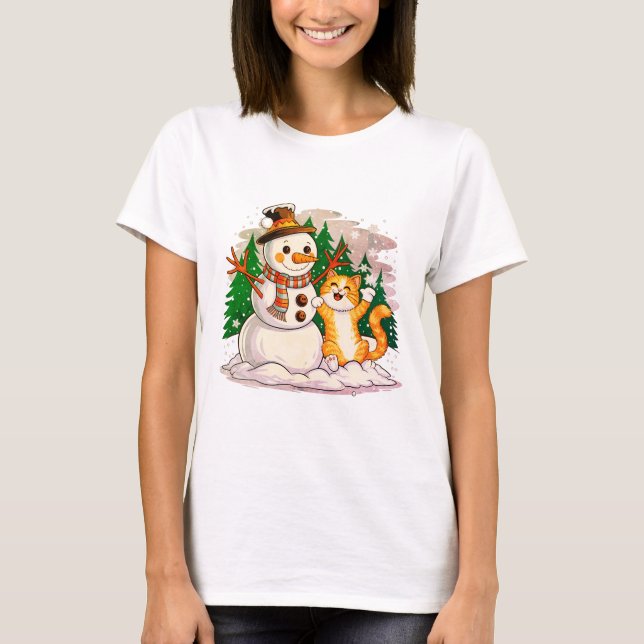 Kitty Cat and Snowman Friends  For Winter Lovers T-Shirt (Front)