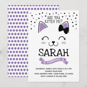 Kitty Cat Birthday Invitation, Purple & Black Invitation
