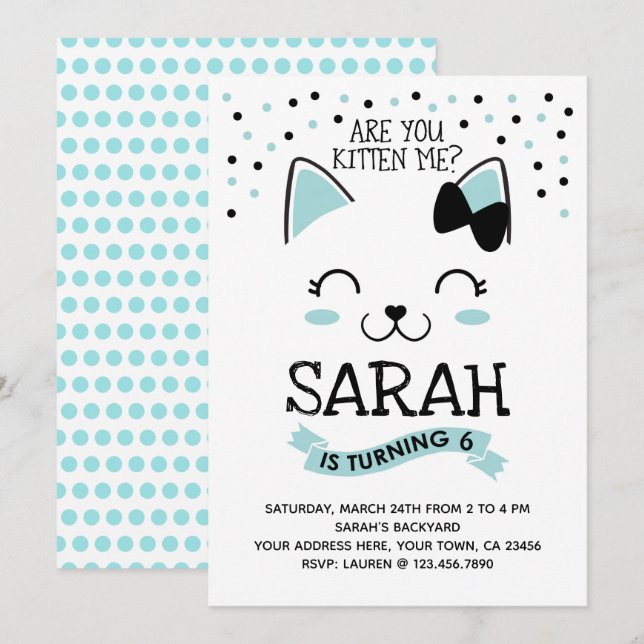 Kitty Cat Birthday Invitation, Teal & Black Invitation (Front/Back)
