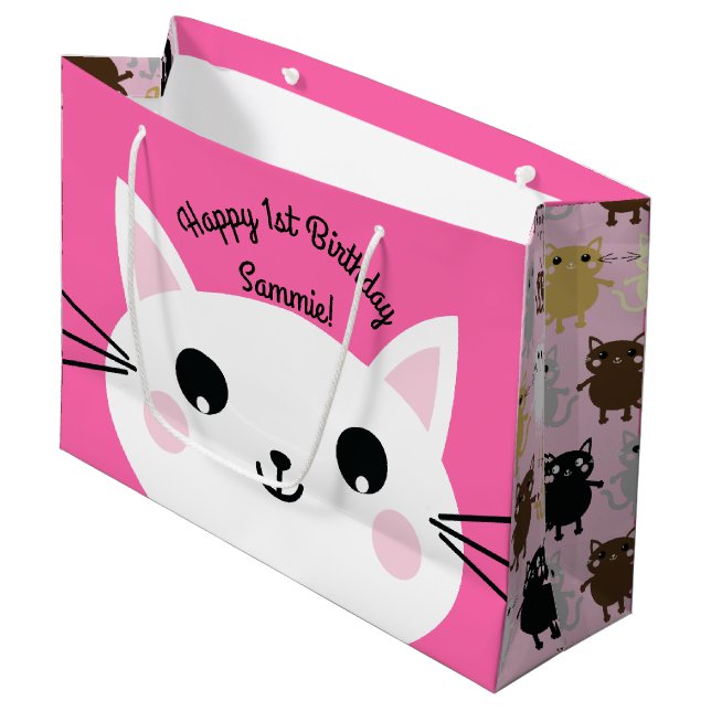 Kitty Cat Birthday Party Kids Large Gift Bag (Front Angled)