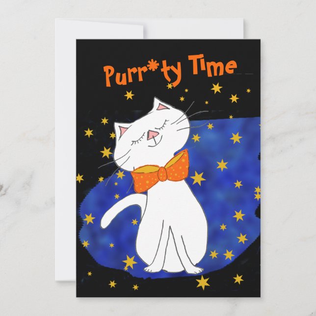 Kitty Cat Blue Starry Night with Gold Stars Invitation (Front)