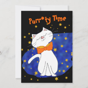 Kitty Cat Blue Starry Night with Gold Stars Invitation