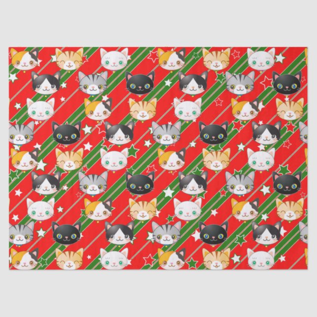 Kitty Cat Christmas Red & Green Cute Tissue Paper (Front)