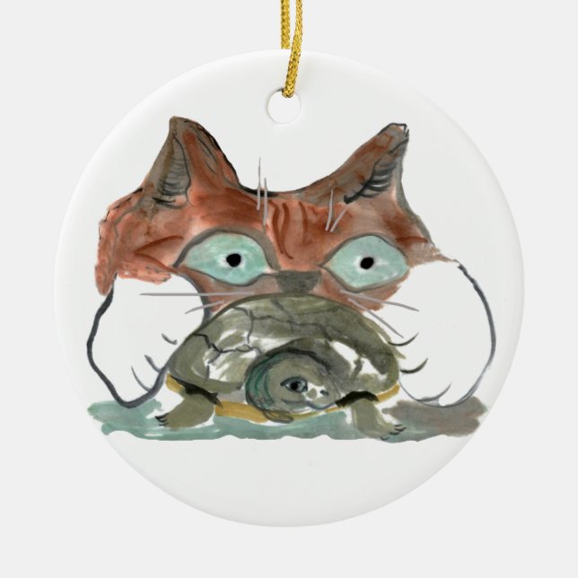Kitty Cat Clutches his Turtle Pal Ceramic Tree Decoration (Front)
