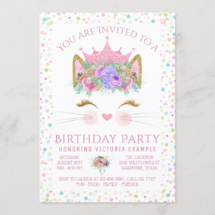 Kitty Cat Confetti Birthday Party Invitation