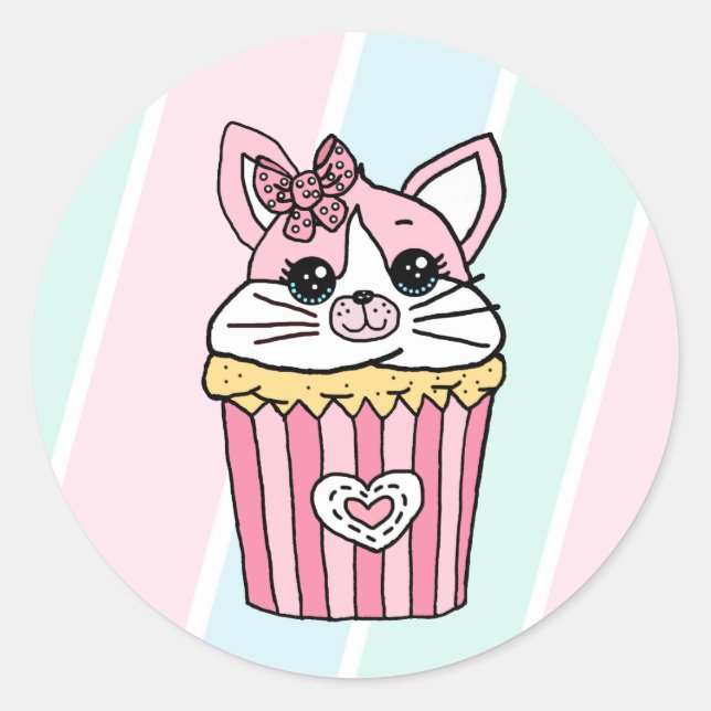 Kitty Cat Cupcake Birthday Classic Round Sticker (Front)