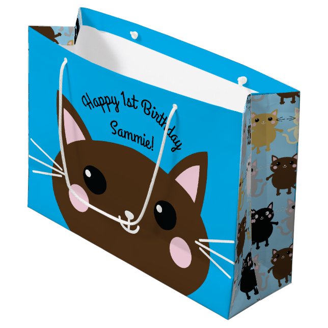 Kitty Cat Cute Kid's Birthday Party Large Gift Bag (Front Angled)