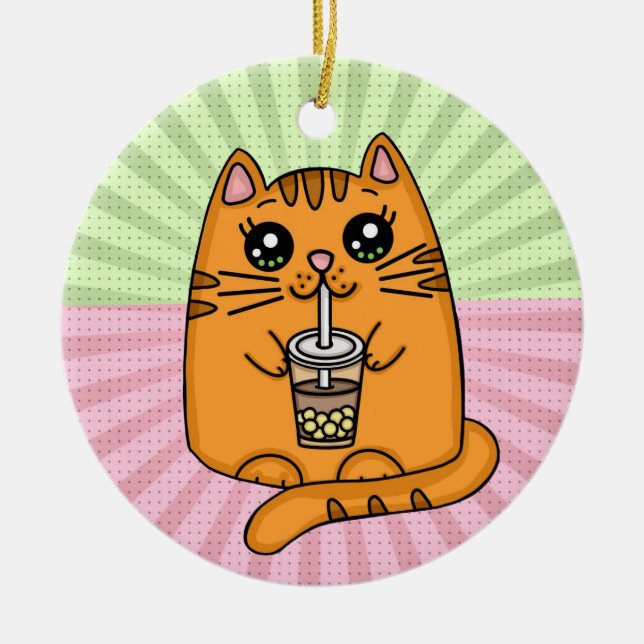 Kitty Cat drinking Boba Tea  Ceramic Tree Decoration (Front)