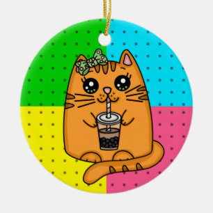 Kitty Cat Drinking Boba Tea Ceramic Tree Decoration