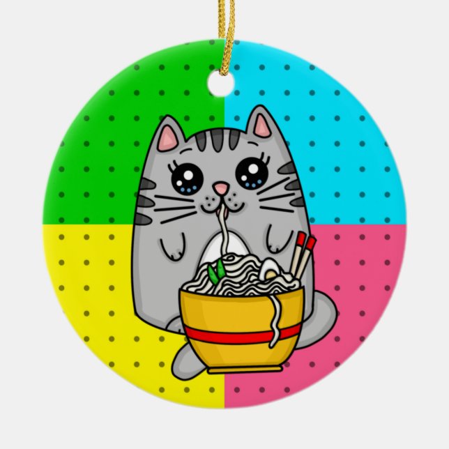 Kitty Cat eating Ramen Noodles Ceramic Tree Decoration (Front)