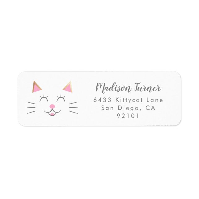 Kitty Cat Face Pink Gold Return Address (Front)