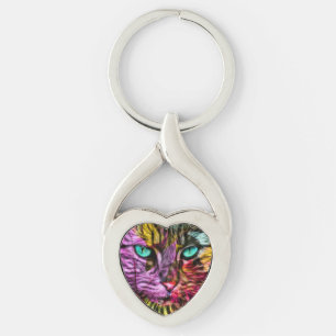 Kitty Cat Fall Leaves Colorful Artsy Design Key Ring