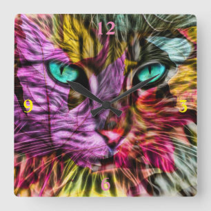 Kitty Cat Fall Leaves Colorful Artsy Design Square Wall Clock